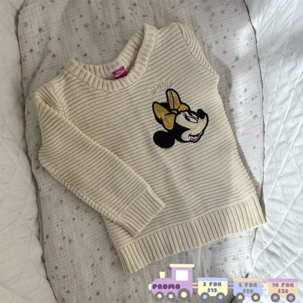 ⭒ 3T Minnie Mouse Cream Crew Neck Sweater Disney Junior Knit with Gold Bow ⭒